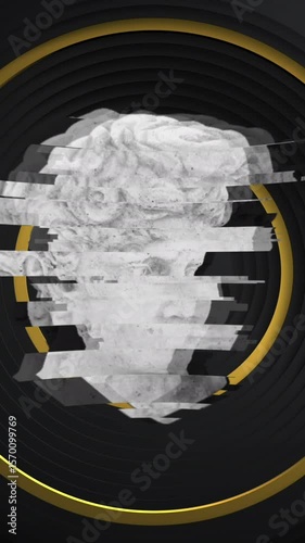 Animation of distorting male classical sculpture bust distorting over gold rings on black background