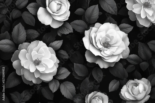 Roses in monochrome present a starkly beautiful floral display, set against a dark background