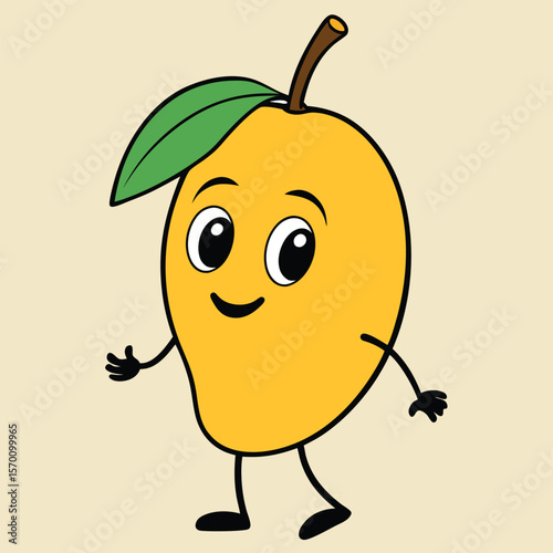 A cute mango cartoon character is smiling happily