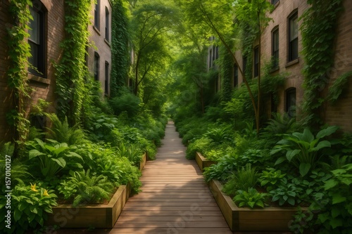 Wooden walkway in green alley with lush vegetation and ivy covered buildings, creating a peaceful urban oasis photo