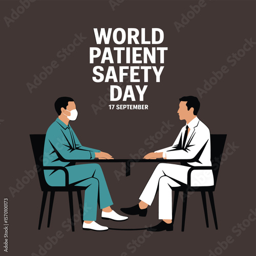 World Patient Safety Day Vector Illustration Doctor and Patient Meeting at Table, Discussing Healthcare, Wearing Masks
