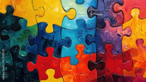 Oil painting of colorful jigsaw puzzle pieces coming together to connect and form a complete picture, creating unity