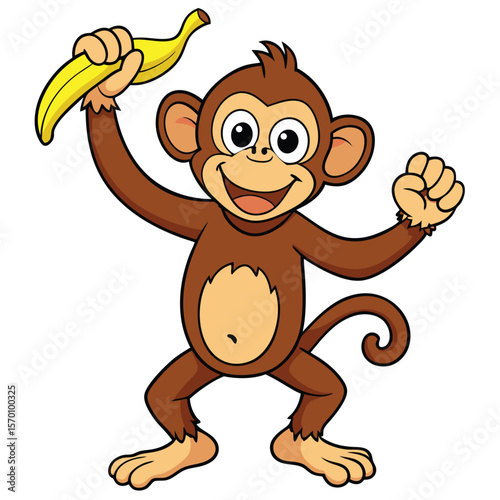 A cartoon monkey holds a banana isolated on white background
