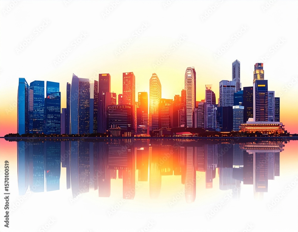 Fototapeta premium Vibrant City Skyline at Sunset with Water Reflection