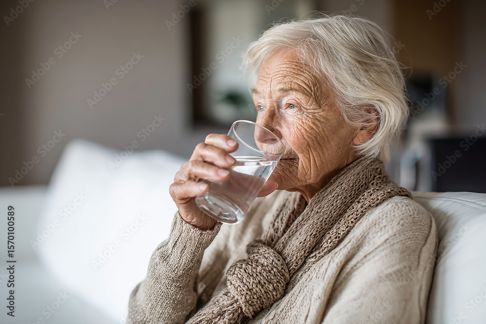 Senior woman drinks water at home. Shows hydration, aging, health, and care. Good for editorial, advertising. Senior woman drinks water at home. Shows hydration, aging, health, and care. Good for editorial, advertising.