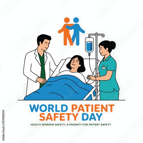 World Patient Safety Day Illustration Doctor and Nurse Attending to Patient in Hospital Bed, Promoting Healthcare Awareness and Safety Measures for Medical Care