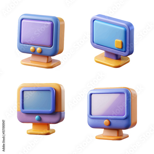 Retro computer icons displayed in a fun, colorful and cartoonish manner representing technology and vintage designs