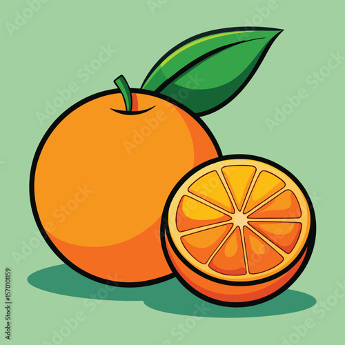 An orange and a slice of orange are next to each other