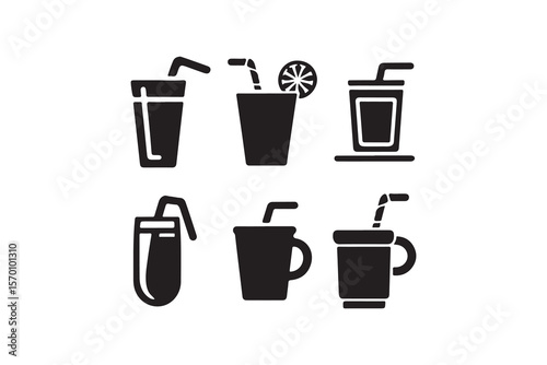 Black and white icons of various beverage containers with straws.Simple, black and white icons of different beverage containers, including glasses, cups, and tumblers, each with a straw.