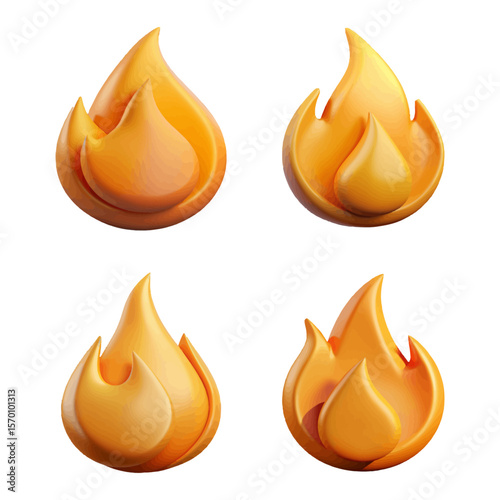 Fire icon design featuring stylized flames in a 3D rendering isolated on a white backdrop providing energy and heat.