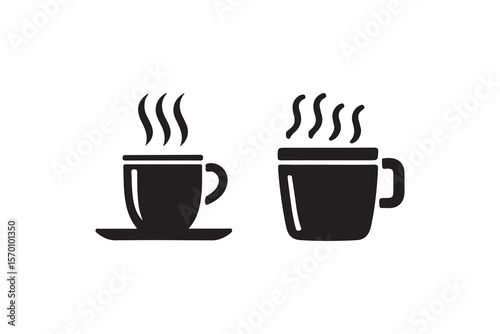 Two Hot Coffee Cups Ready for Enjoyment.Simple black and white vector illustration of two hot coffee cups with steam rising.
