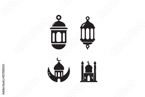 Islamic Symbols: Lanterns and Mosque Icons for Religious Design.Simple, black and white silhouettes of Islamic lanterns and a mosque, ideal for religious or cultural design projects.