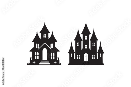 Two spooky silhouette haunted houses for Halloween design.Two stylized, black silhouette haunted houses on a white background.