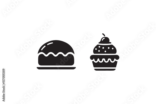 Simple black and white illustration of a cake and cupcake.This image shows two stylized, black and white, silhouette illustrations of baked goods: a cake on a plate and a cupcake.