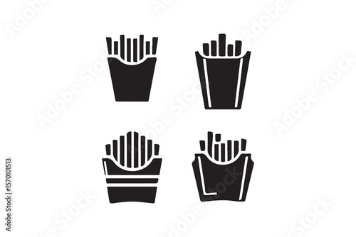 Delicious French Fries in Paper Containers: Vector Illustration.Set of four black and white icons depicting French fries in paper containers.