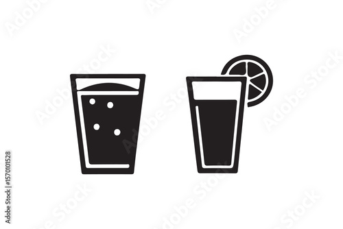 Two beverage glasses, one with and one without a lime garnish.Simple black and white illustration of two identical drinking glasses, one filled with a beverage and the other with a beverage with a lim