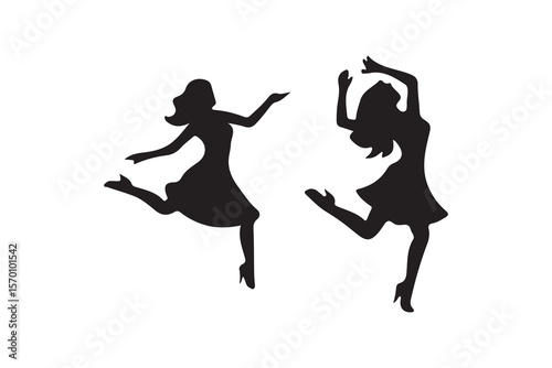 Two joyful women dancing in silhouette.Silhouettes of two women in mid-air dance poses.