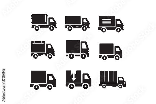 Vector Illustration of Various Delivery Truck Icons.This set of nine icons depicts different types of delivery trucks, including garbage trucks, cargo trucks, and delivery trucks with various load typ