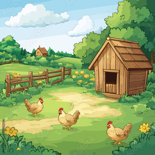 Charming farmhouse scene with chickens