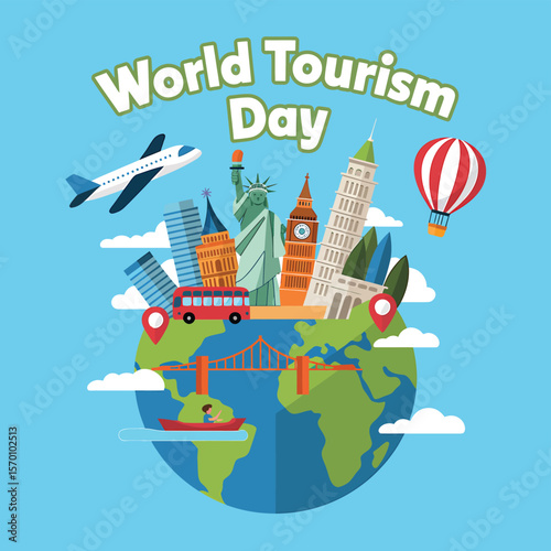World Tourism Day Celebration Featuring Global Landmarks, Airplane, Hot Air Balloon