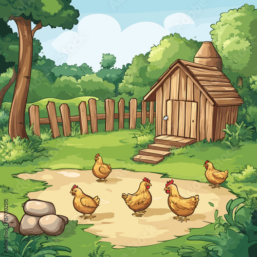 Charming farmhouse scene with chickens