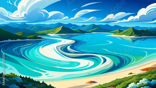 In Whitsunday Islands, the pure silica sands swirl with turquoise waters, creating a heavenly palette beneath a silky sky, a paradise of texture and light from a bird’s-eye view.