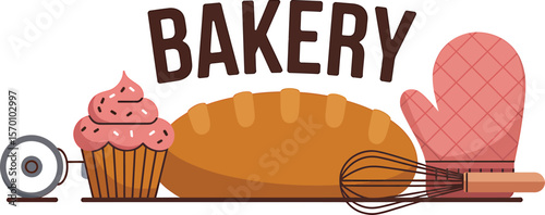 Bakery illustration with bread, cupcake, mixer, oven mitt, and bakery text