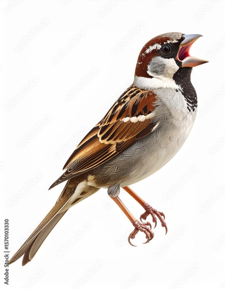 Obraz premium Brown and Gray Sparrow Singing on White Background