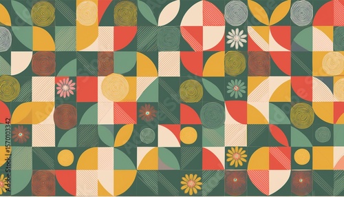 geometric pattern with circles and flowers accents seamless repeating patterns art style simple shapes flat color blocks retro design
