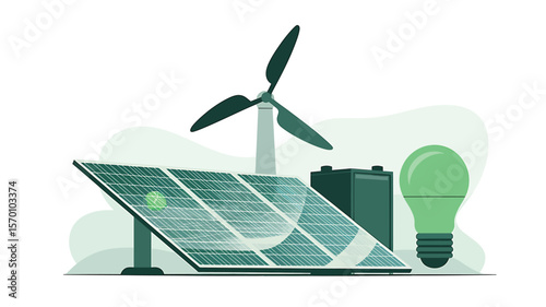 Illustration of solar panel wind turbine batteries and lightbulb on white background