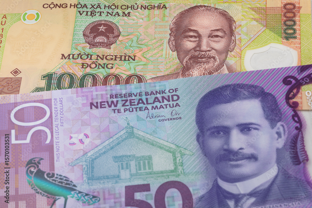 custom made wallpaper toronto digital10000 Vietnamese dong and 50 New Zealand dollar banknotes. International trade concept