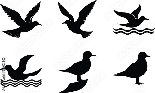 Kittiwake Silhouette Flying Angled Up Wings Vector Illustration