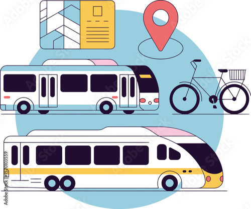 Illustrated public transportation options including bus train bike and travel card