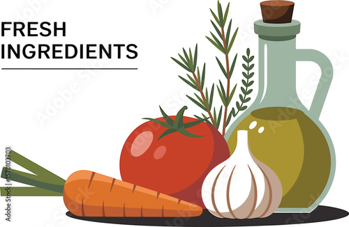 A colorful illustration of fresh ingredients arranged on a light background