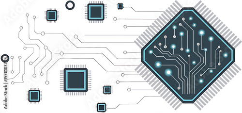 Illustration of circuit board with chips and connections on a white background