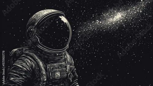 Astronaut contemplates the vastness of Space, a black and white portrayal of a figure in a Spacesuit amidst a sea of Stars and Galaxies, evoking a sense of exploration and wonder