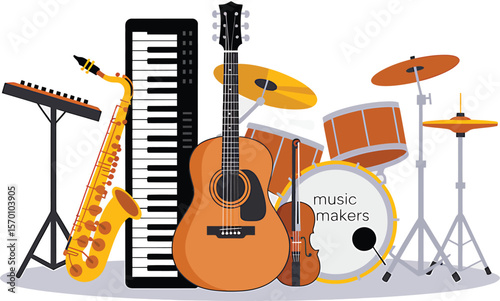 Illustration of various musical instruments including a guitar and a drum set