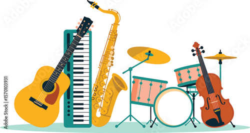 Illustration of musical instruments including guitar keyboard saxophone drums violin