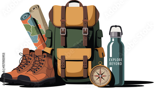 A backpack, hiking boots, map, water bottle and compass on a light background