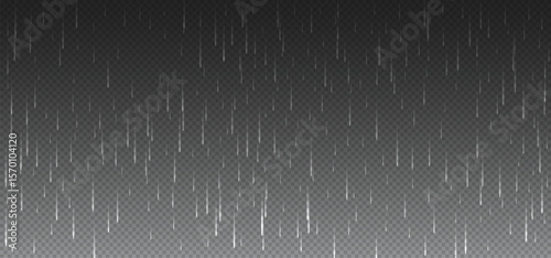 Rainfall texture effect. Vector illustration vertical white rain streaks isolated on gradient gray transparent background ideal for storm rain, rainy snow or hail weather design and rain png overlays