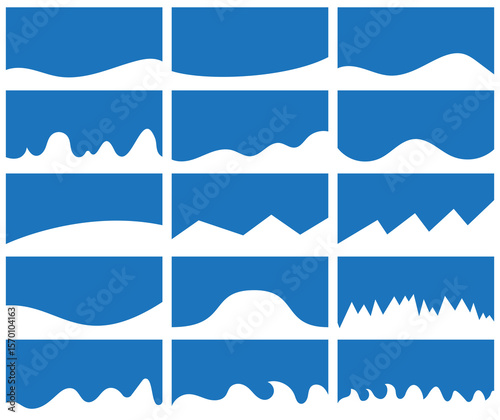 Wave shape divider collection for web and app design. Various abstract wave patterns in blue color, ideal for modern layouts. Vector illustration for backgrounds, website headers and creative projects