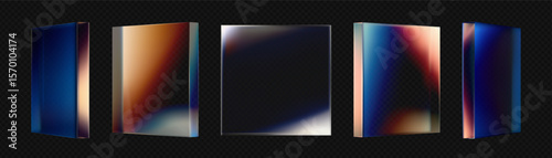 Set of 3d clear refraction square glass panels with gradient color transparent of dark blue isolated on dark background. The reflection glass surface box with dispersion light. Vector 3d illustration