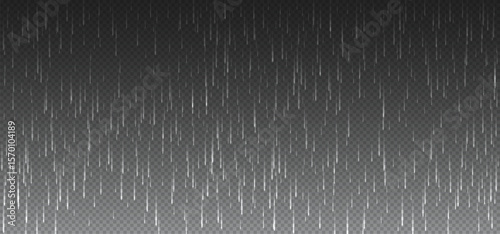 Abstract realistic rain texture. Vertical lines of white droplets create dynamic storm rain pattern isolated on dark gradient background. Vector transparent havy rain concept, rainy png overlay design