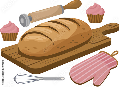 An illustration of baking items including bread cupcakes and baking equipment