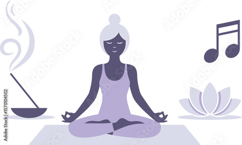 Woman meditating with incense and music notes in a simple vector illustration