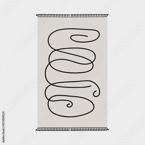 Minimalist line art rug with abstract black design on beige background  