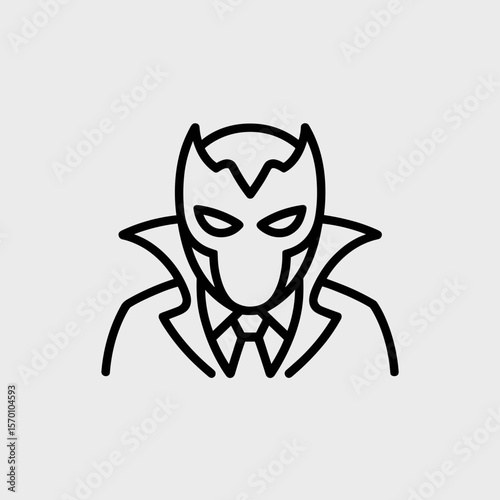 Line art of masked villain in tuxedo with cape and sharp features  