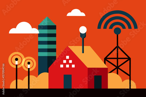  futuristic farm with 5g antennas on poles