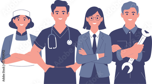 Illustration of diverse professionals standing together smiling with crossed arms