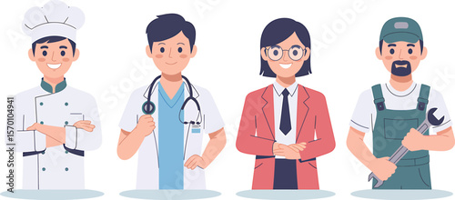 Illustration of chef doctor business woman and mechanic standing side by side